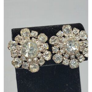 Chunky Art Decko Rhinestone Stud Clip On Earrings Vintage Clear Stones